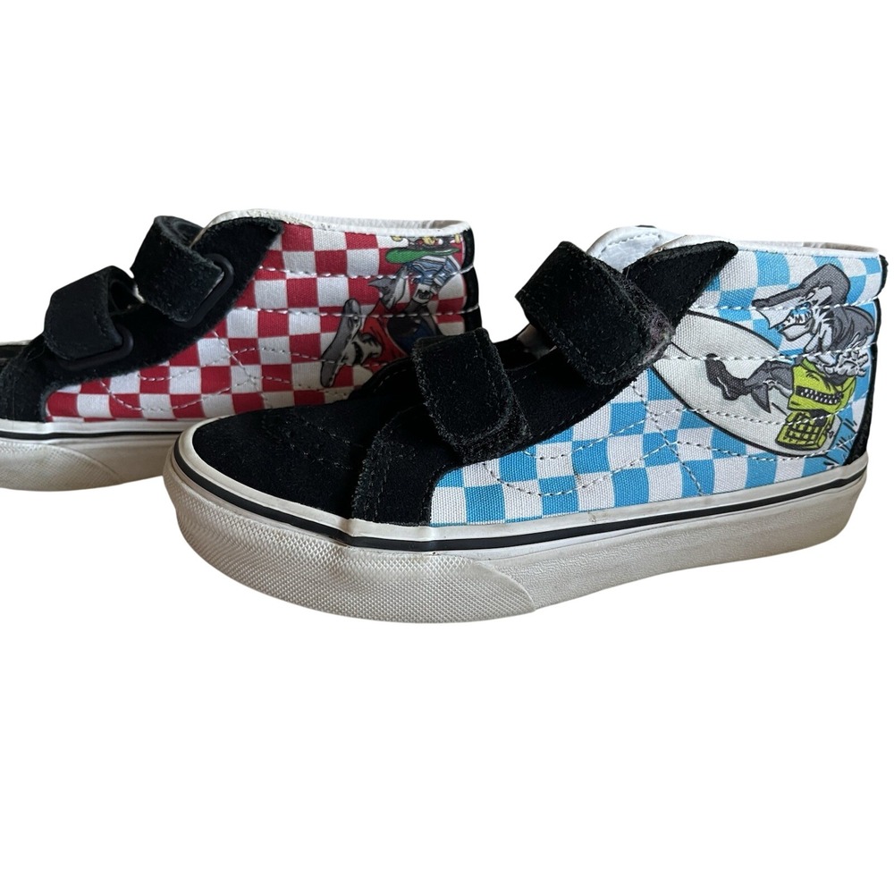 Vans Kids Sk8-Mid Rissue V Shark Checkerboard Shoes Size 1.5 Black Red Blue